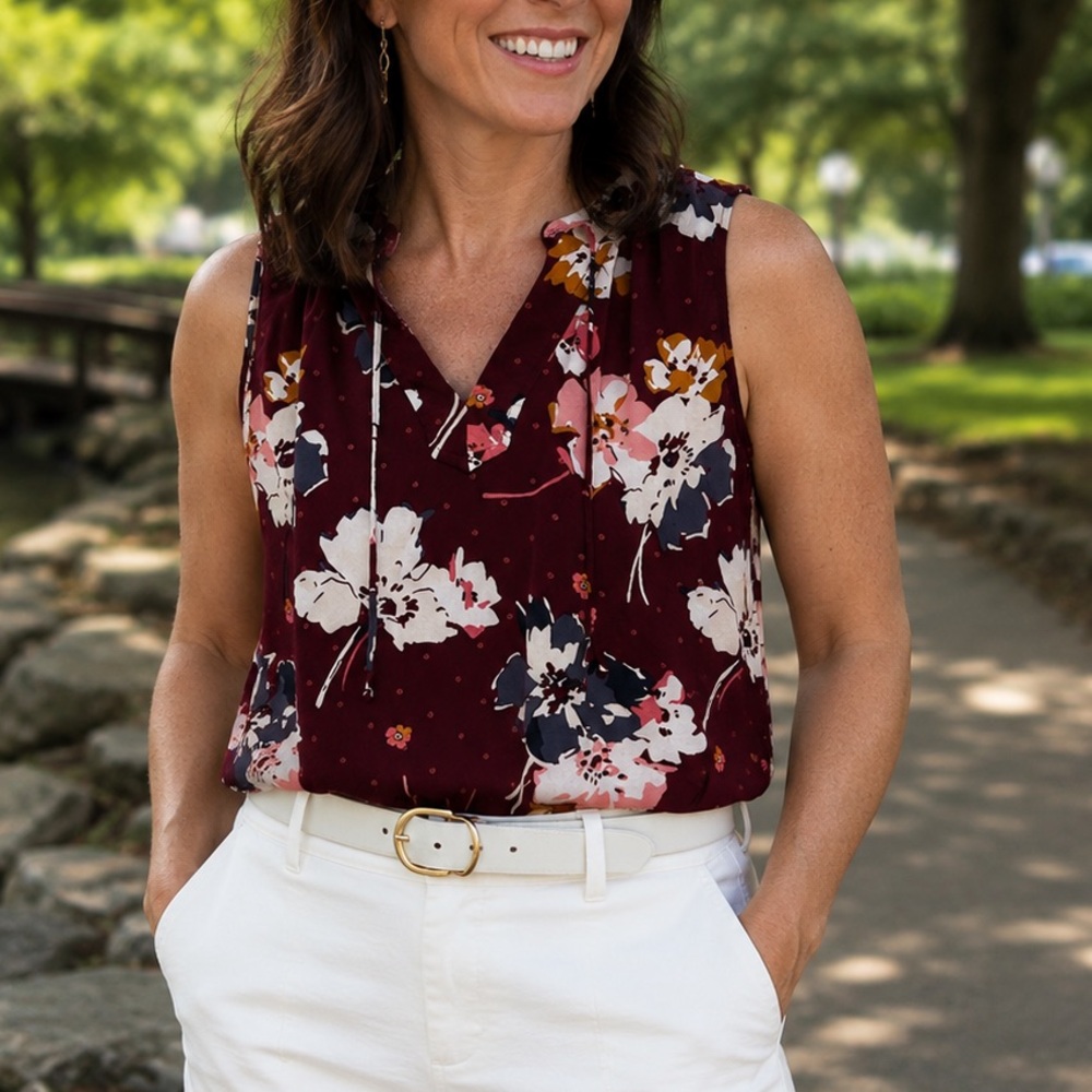 Old Navy size medium burgundy floral sleeveless top, good condition